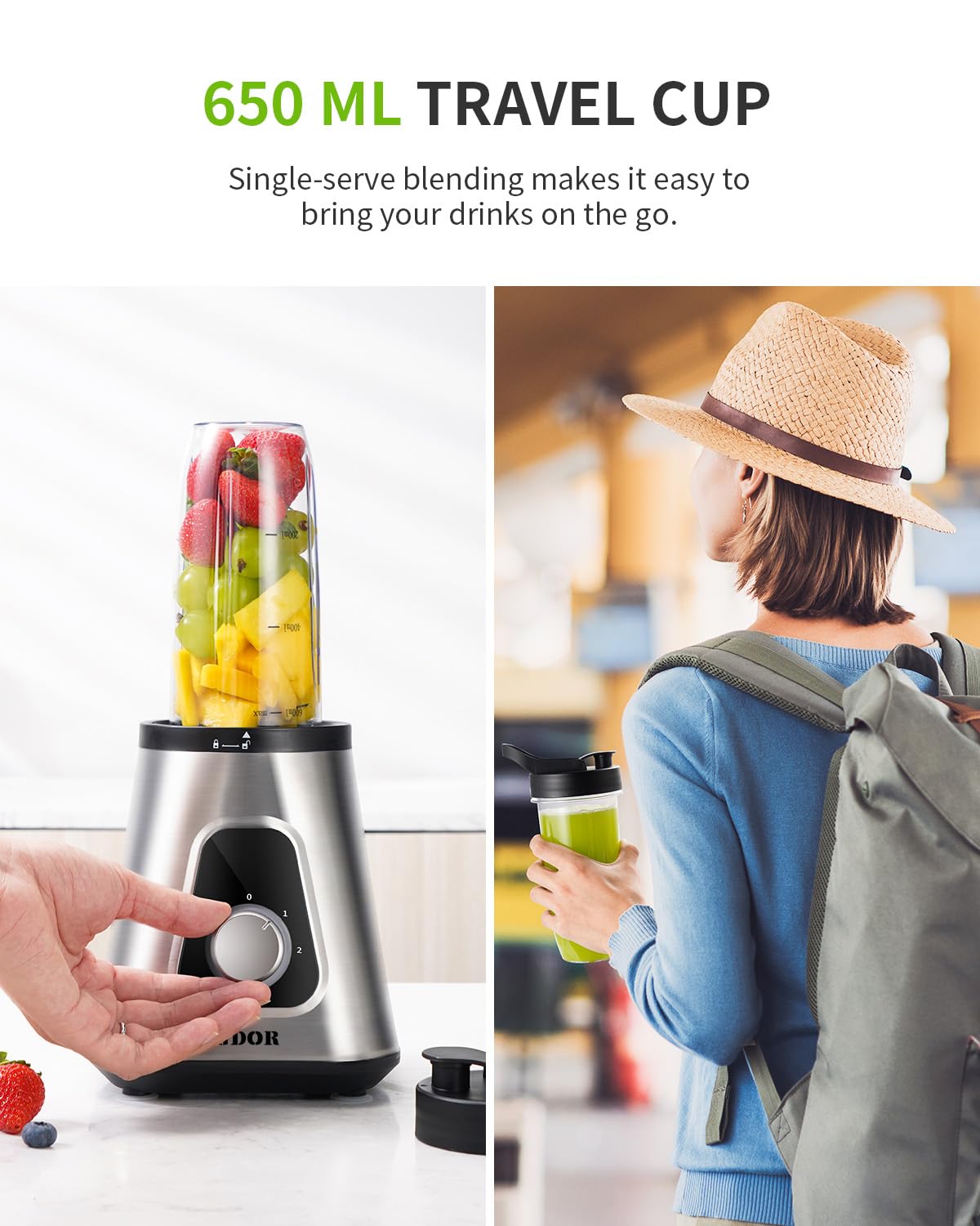 GDOR 1200W Standmixer 2-1Smoothie Maker mit 1,5L Glaskrug und 650ml Reisebecher 3Geschwindigkeiten Mixer Hochleistungsmixer Professionell Standmixer Glas für Smoothies Shakes Gefrorene Getränke Saucen