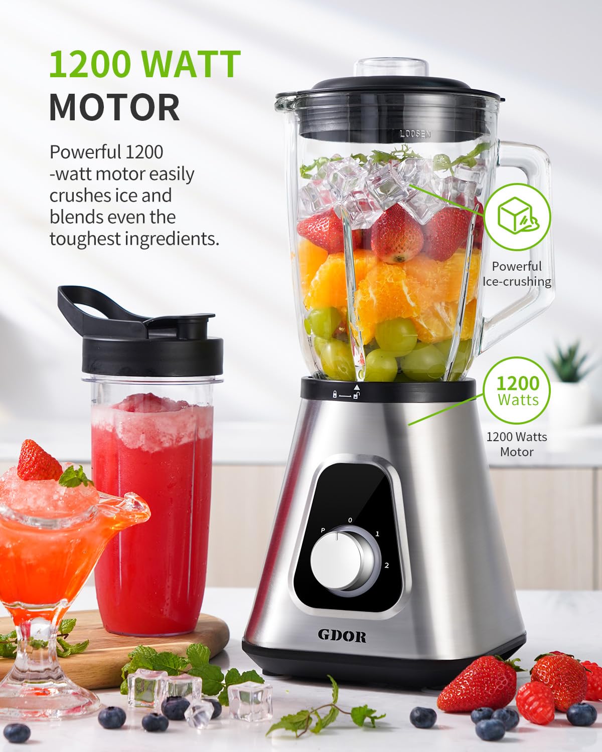 GDOR 1200W Standmixer 2-1Smoothie Maker mit 1,5L Glaskrug und 650ml Reisebecher 3Geschwindigkeiten Mixer Hochleistungsmixer Professionell Standmixer Glas für Smoothies Shakes Gefrorene Getränke Saucen