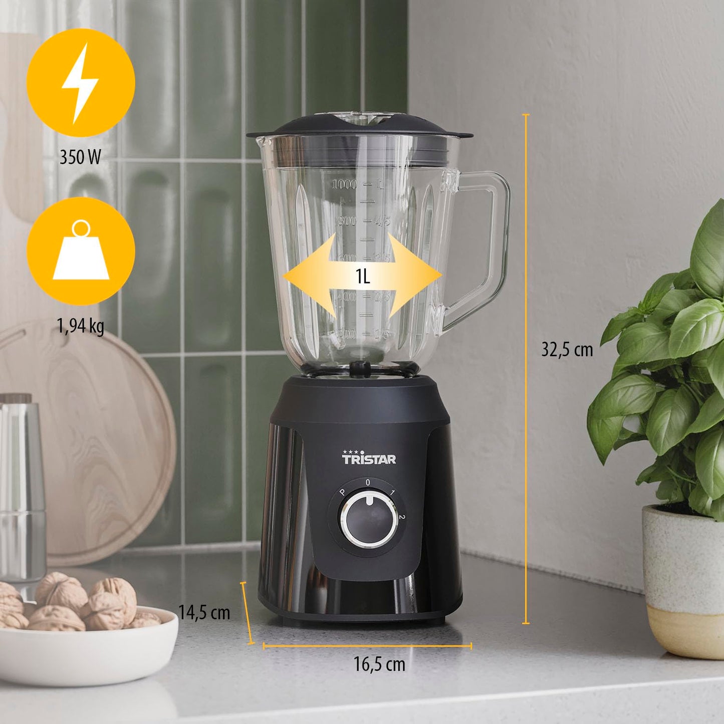 Tristar Standmixer, 1 L Mixbehälter aus Glas, 2 Geschwindigkeitsstufen, Pulsfunktion zum Zerkleinern von Eis, spülmaschinenfeste Teile, schwarz, 350 W, Smoothie Maker BL-4482