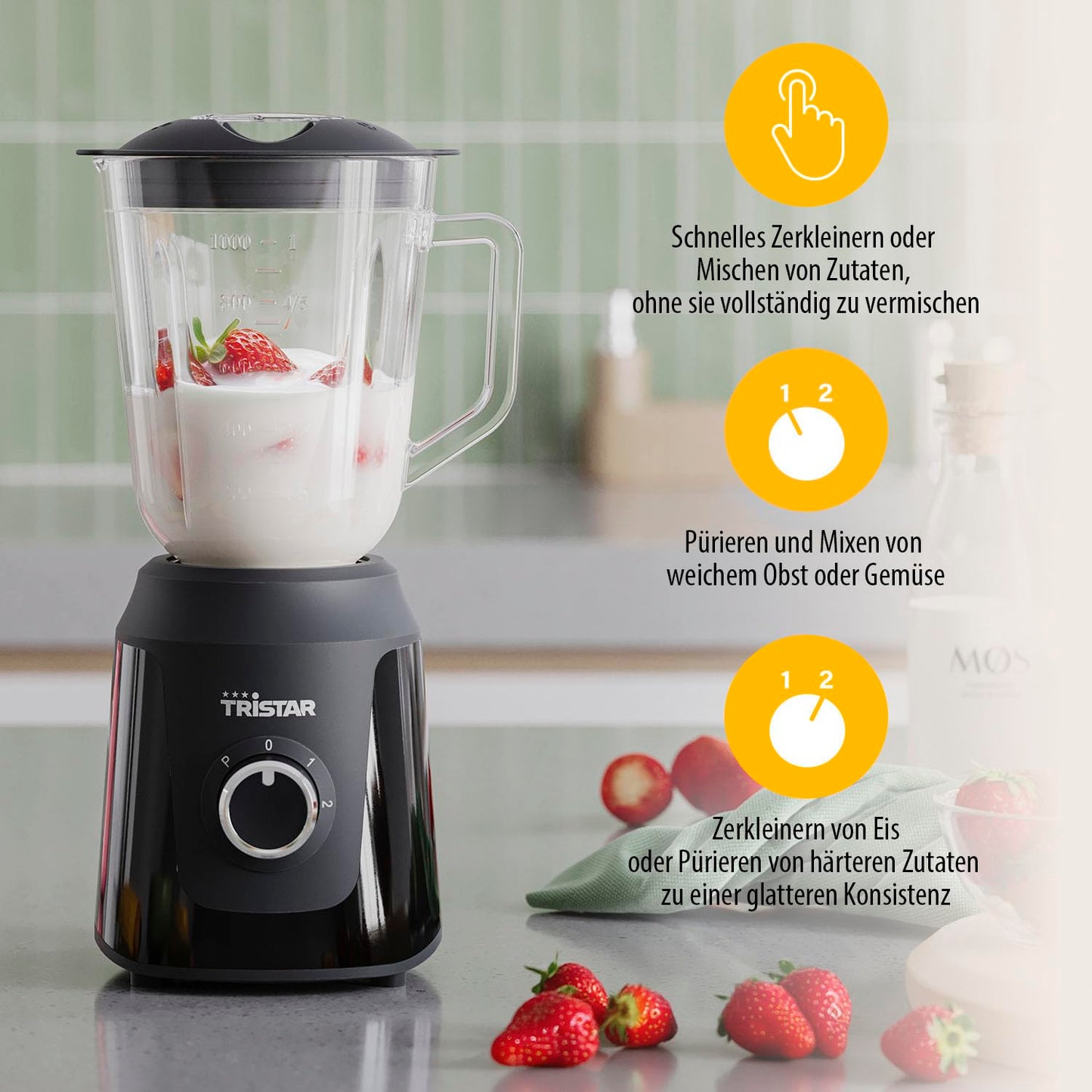 Tristar Standmixer, 1 L Mixbehälter aus Glas, 2 Geschwindigkeitsstufen, Pulsfunktion zum Zerkleinern von Eis, spülmaschinenfeste Teile, schwarz, 350 W, Smoothie Maker BL-4482