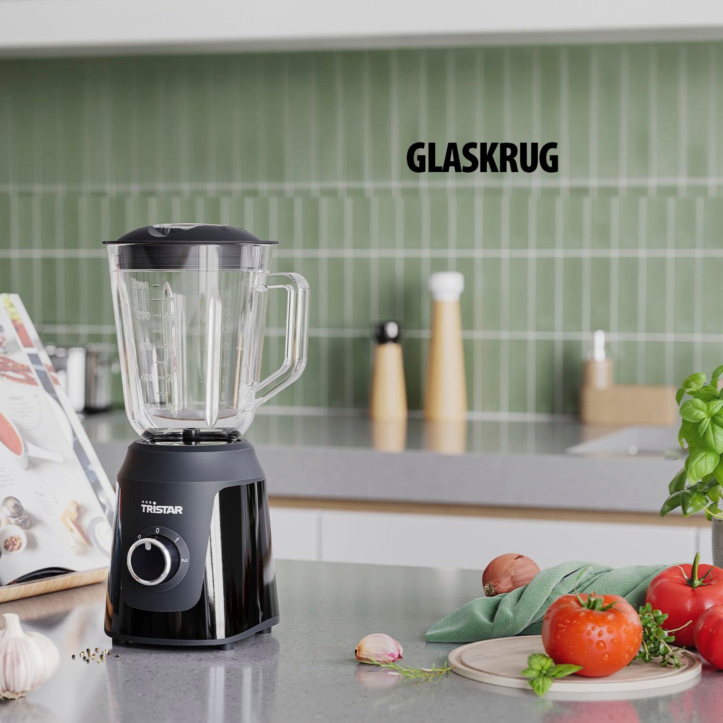 Tristar Standmixer, 1 L Mixbehälter aus Glas, 2 Geschwindigkeitsstufen, Pulsfunktion zum Zerkleinern von Eis, spülmaschinenfeste Teile, schwarz, 350 W, Smoothie Maker BL-4482