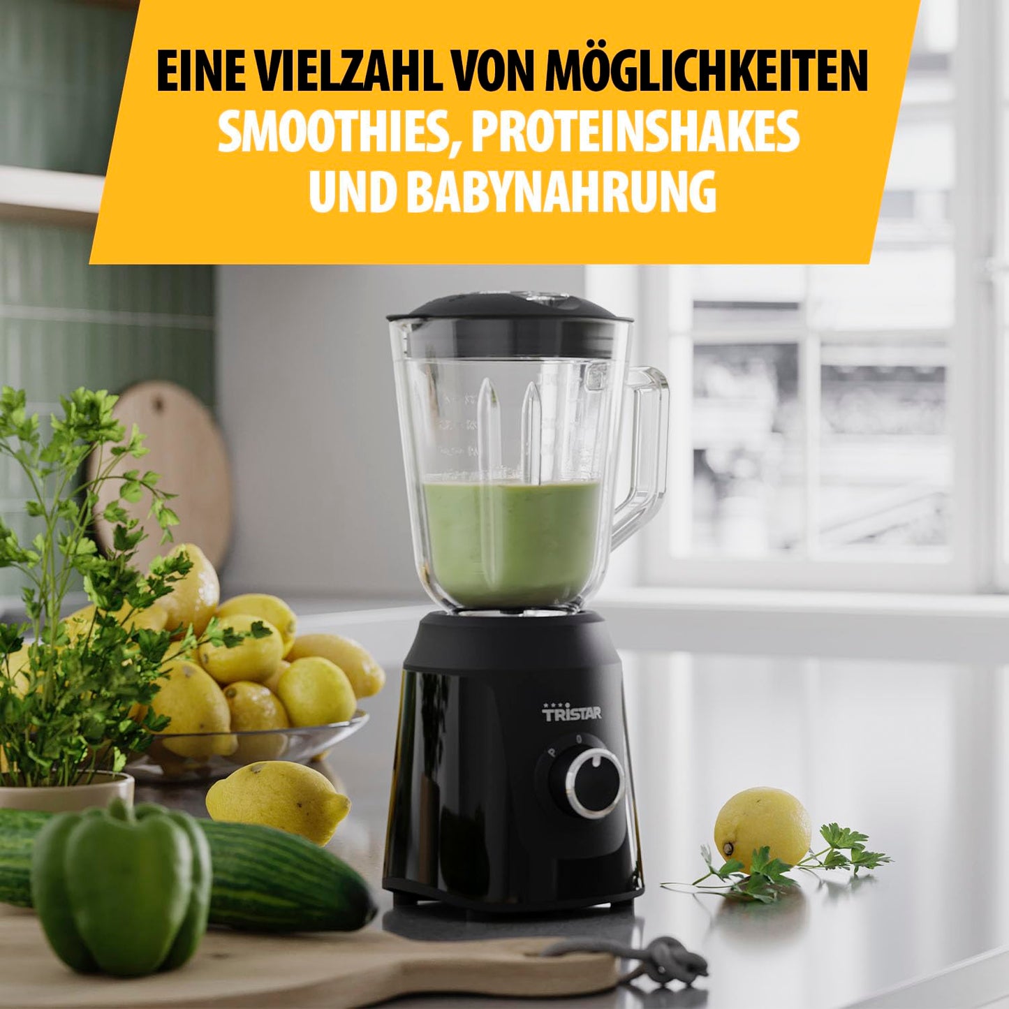 Tristar Standmixer, 1 L Mixbehälter aus Glas, 2 Geschwindigkeitsstufen, Pulsfunktion zum Zerkleinern von Eis, spülmaschinenfeste Teile, schwarz, 350 W, Smoothie Maker BL-4482