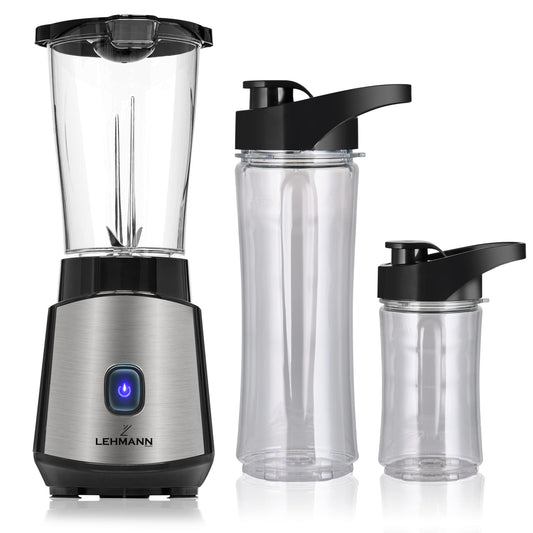 LEHMANN Standmixer 1200W, Mixer Smoothie Maker To Go 1L, Lieferung mit 2 Smoothie Flasche - 570ml und 400ml, Leicht zu Reinigen, 4-Klingen-System, Mini Mixer für Säfte, Shake und Proteinshake