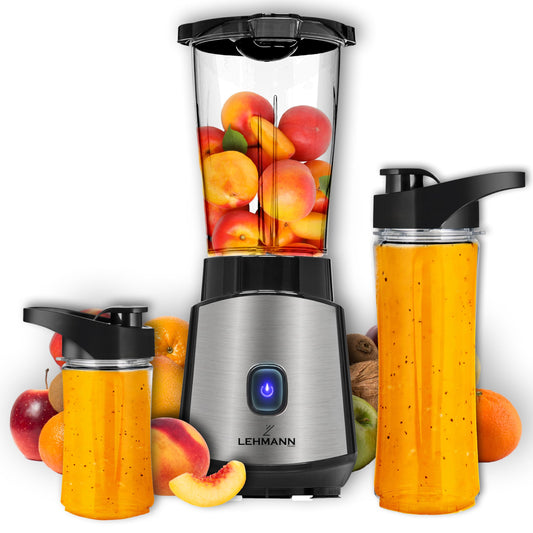 LEHMANN Standmixer 1200W, Mixer Smoothie Maker To Go 1L, Lieferung mit 2 Smoothie Flasche - 570ml und 400ml, Leicht zu Reinigen, 4-Klingen-System, Mini Mixer für Säfte, Shake und Proteinshake